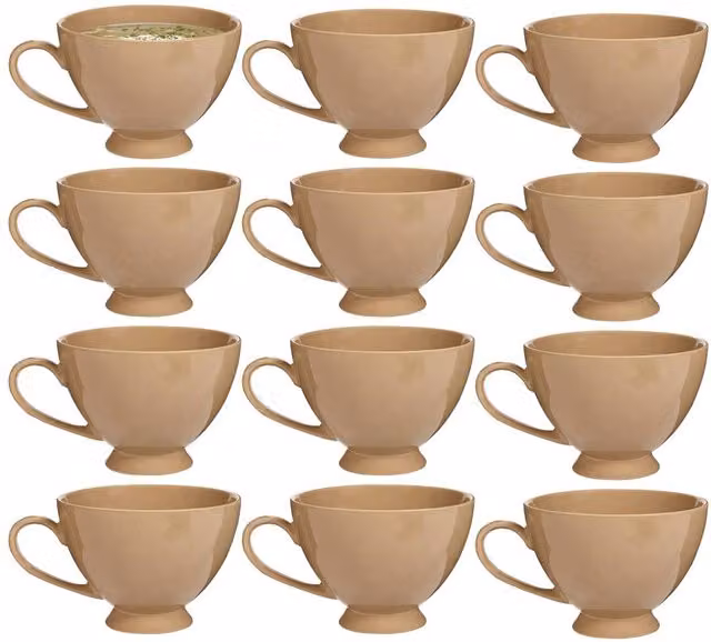 Dibor Montmartre Set of 12 Large Mocha Cream Ceramic Tea Cups and Coffee Mugs in Beige