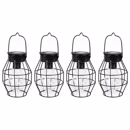 Gardenwize Pack of 4 Vintage Metal Solar LED Lanterns in Black with Warm White Light – 4