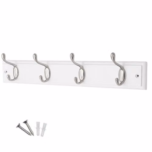Keypak White Wooden Wall Mounted Coat Rack with 4 Satin Nickel Hooks – 1