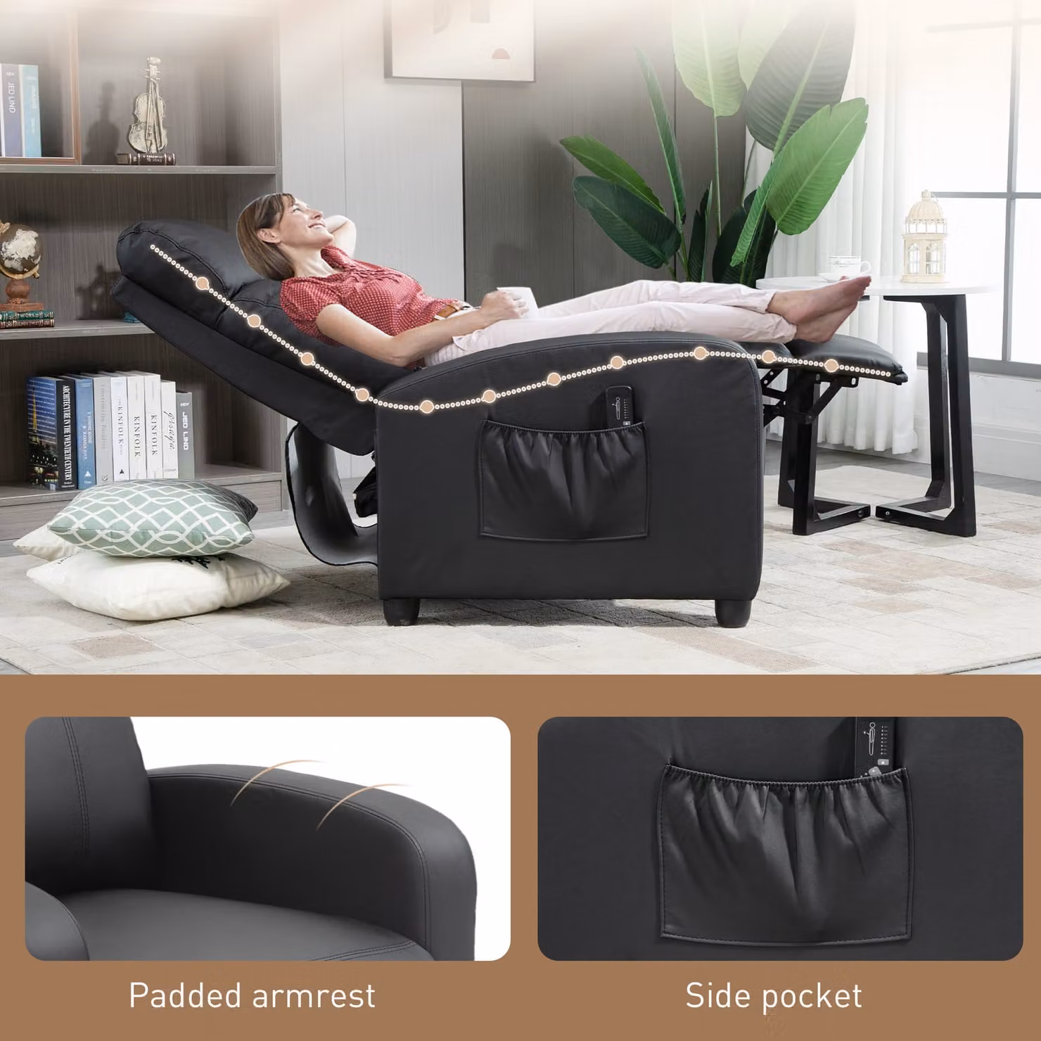 HOMCOM Black Faux Leather Massage Recliner Armchair with 150 Degree Recline and Side Pocket – 6