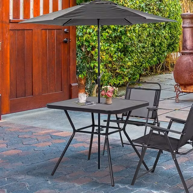Outsunny Modern Outdoor Garden Table with Faux-marbled Top and Umbrella Hole in Black