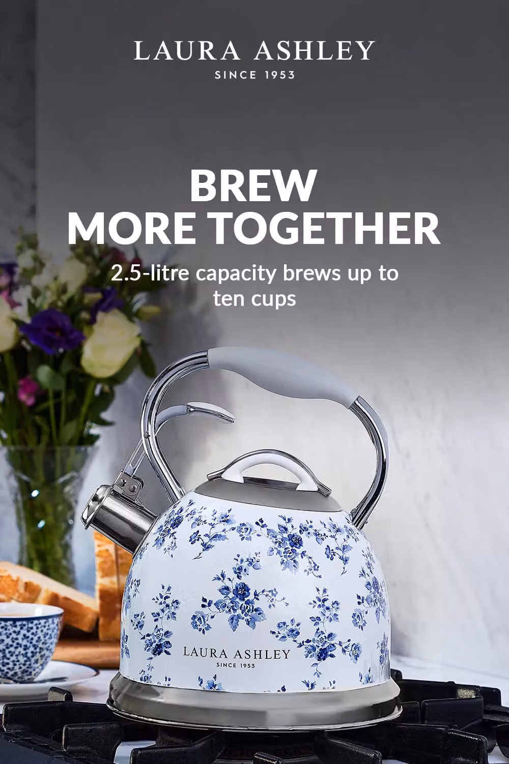 Laura Ashley China Rose Stainless Steel Stove Top Kettle, 2.5 l, Multicolour and White – 2