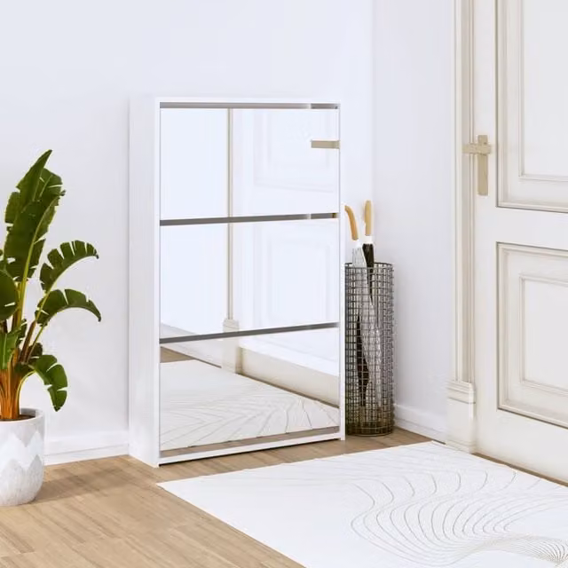 Berkfield Home High Gloss White 3-Layer Shoe Cabinet with Mirror, W: 63 cm, D: 17 cm, H: 102.5 cm