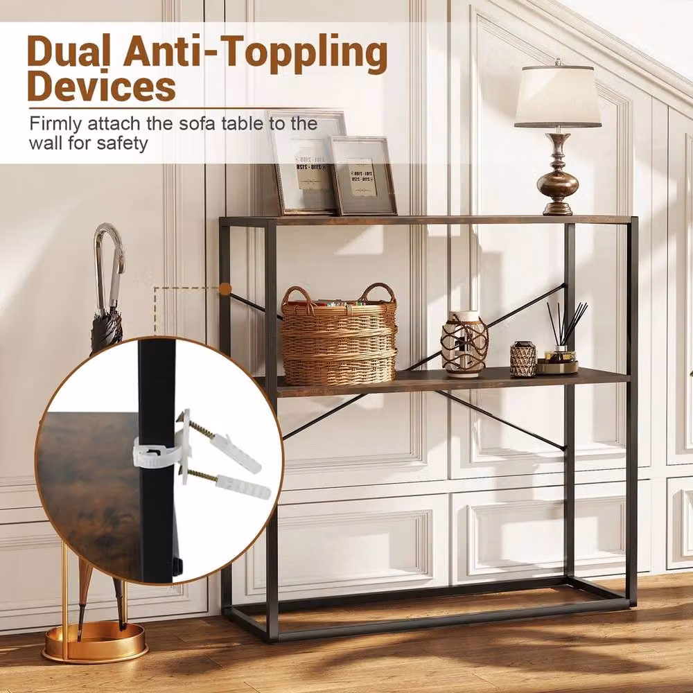 EONLION 2-Tier Industrial Wood and Metal Console Table in Brown, W: 100 cm, H: 90 cm – 4
