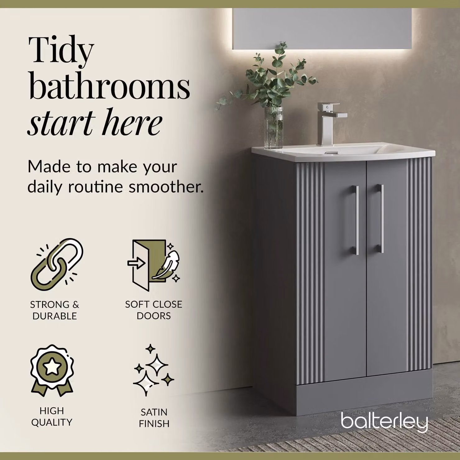 Balterley 2 Door Floor Standing Bathroom Vanity Unit with Curved Basin, Satin Grey – 3