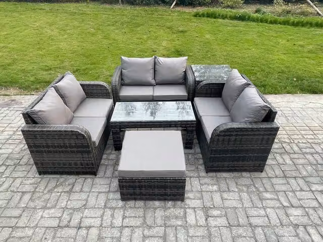 Fimous 7 Seater Rattan Garden Furniture Set with U-Shape Sofa, 2 Seater Sofa, Coffee Table and Ottoman in Dark Grey