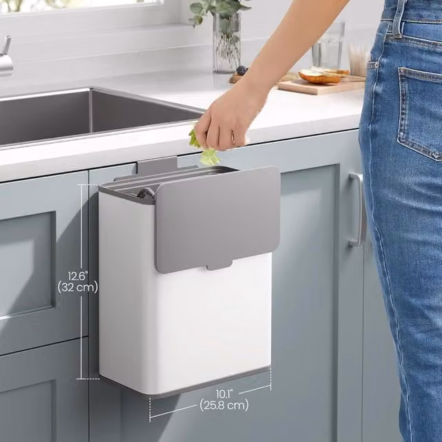 The Bazaarist 8L Hanging Kitchen Waste Bin with Flip Lid and Removable Inner Bucket, White and Grey