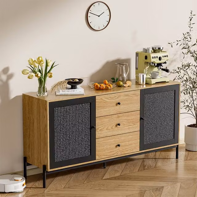Livingandhome Modern Oak Wood Storage Cabinet with Doors and Drawers in Brown and Black