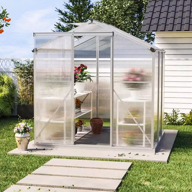 Livingandhome White Aluminium Framed Garden Greenhouse with Polycarbonate Panels and Vent W/D/H: 190 x 190 x 190 cm