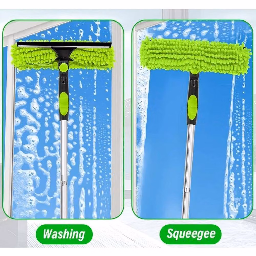 FLAVORA Green Telescopic Extendable Window Cleaner Squeegee with Scraper and Microfibre Refillable Head – 3