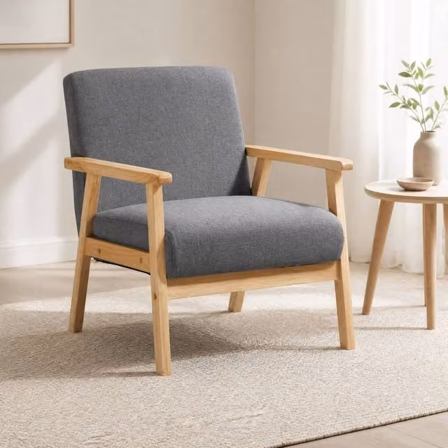 STILVORA Modern Armchair with Grey Linen Fabric and Wooden Frame – 1