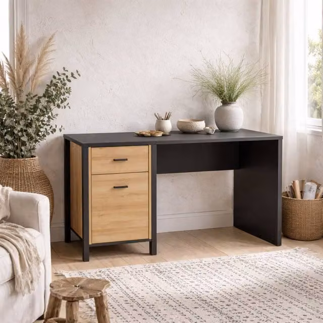 Wyld Haus Egtved Writing Desk in Black and Riviera Oak Effect with 1 Drawer and 1 Cupboard – 1