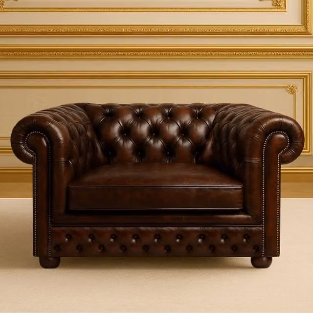 Somnior Beds Ltd Brown Leather Chesterfield Tub Sofa with Solid Wood Frame