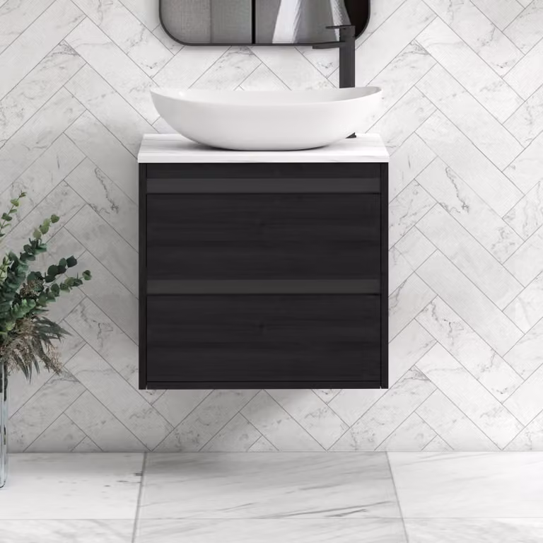 Royal Bathrooms Orion 600mm Hale Wall Hung Vanity Unit with Cesar Basin and 2 Drawers in Black and Carrara White