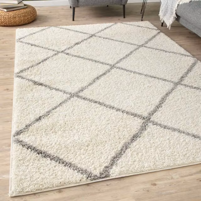 THE RUGS Moroccan Soft High Pile Shaggy Diamond Rug, Off-White, W: 60 cm, L: 110 cm – 1