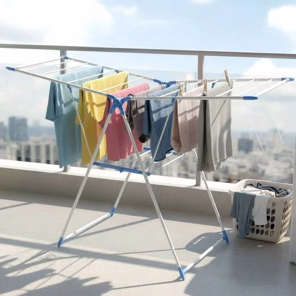KORVIXA 2 Tier Foldable Clothes Horse Airer Drying Rack in Blue, W/D/H: 100 x 100 x 100 cm – 3
