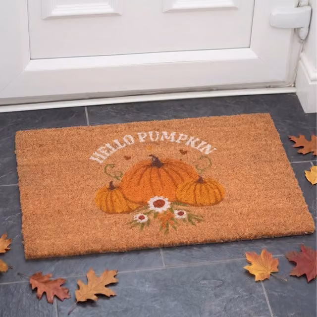 Kingsbury Gifts Natural Autumn Days Hello Pumpkin Coir and PVC Doormat in Beige and Brown