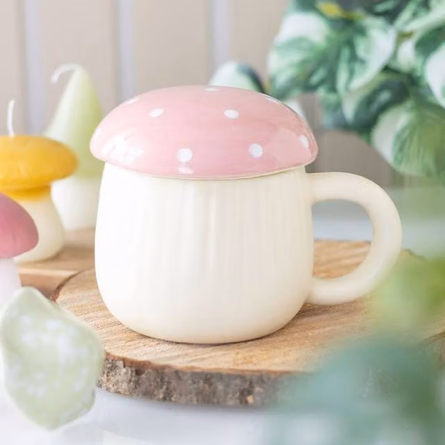 Uniqueful Pink Dotted Ceramic Mushroom Mug, 350 ml