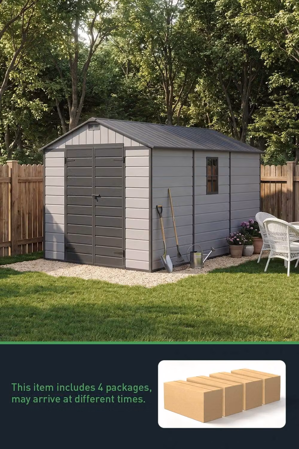 Living and Home Grey Outdoor Aluminium and PP Storage Shed with Double Doors and Gable Roof, W: 243.8 cm, D: 365.8 cm, H: 226.5 cm – 2