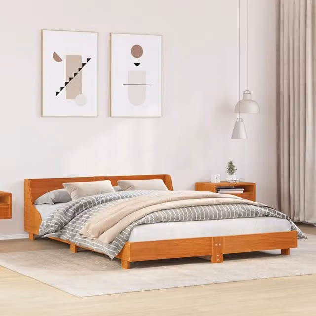 Berkfield Home Solid Wood Pine Bed Frame in Wax Brown, W/D/H: 150 x 200 cm