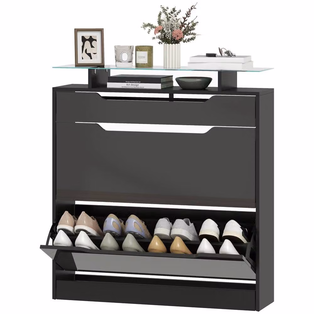STILVORA Modern Black Shoe Storage Cabinet with Tilting Compartments and Drawer, H 96 x W 89 x D 23 cm – 4