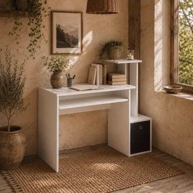 Wyld Haus Tono White Home Office Computer Desk with Sliding Keyboard Tray