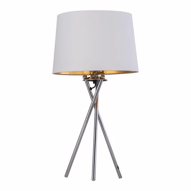 First Choice Lighting Tripod Chrome Lamp with White and Gold Fabric Shade – 1