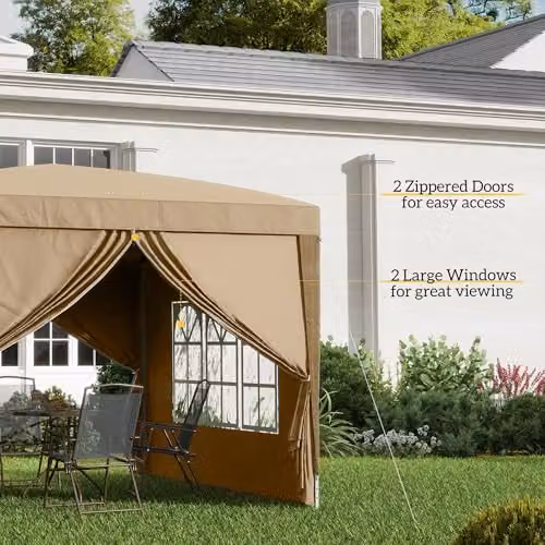 Outsunny Pop Up Gazebo Canopy Marquee with Windows in Beige and Brown – 6