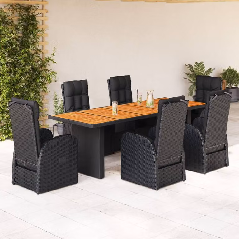 Berkfield Home Beautiful 7 Piece Black Poly Rattan Garden Dining Set with Cushions and Acacia Wood Table