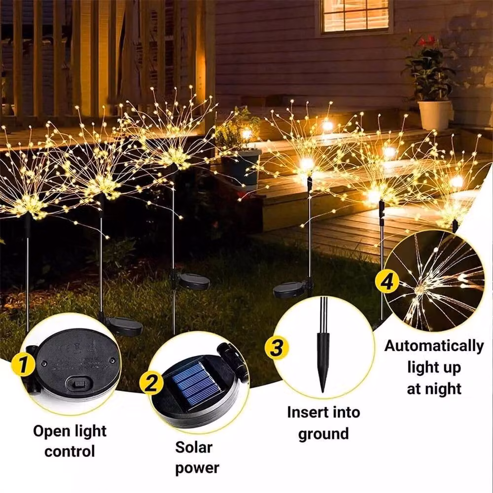 SPETLEK Set of 4 Solar Powered Warm White LED Starburst Firework Stake Lights for Garden Decoration – 3