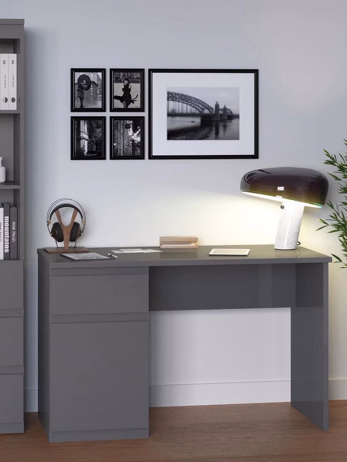 Layton Modern Glossy Writing Desk in Grey, W: 120 cm, D: 60 cm, H: 75.3 cm