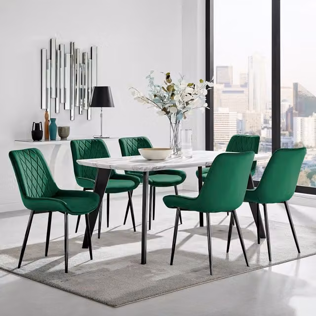 FurnitureboxUK Andria White Marble Effect Dining Table and 6 Pesaro Green Soft Velvet Chairs with Black Legs – 1