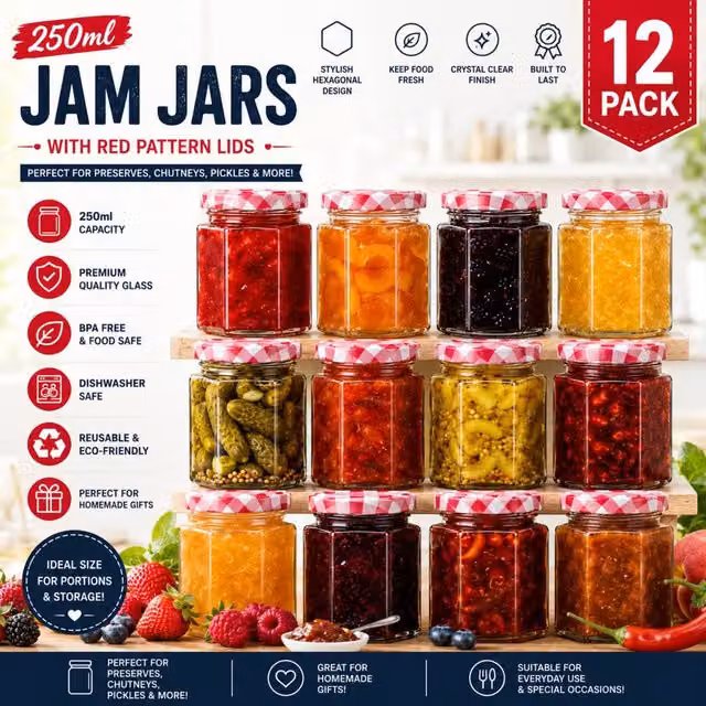 Volila 12 Pack Hexagonal Clear Glass Jam Jars with Screw Lids, 250ml each – 1