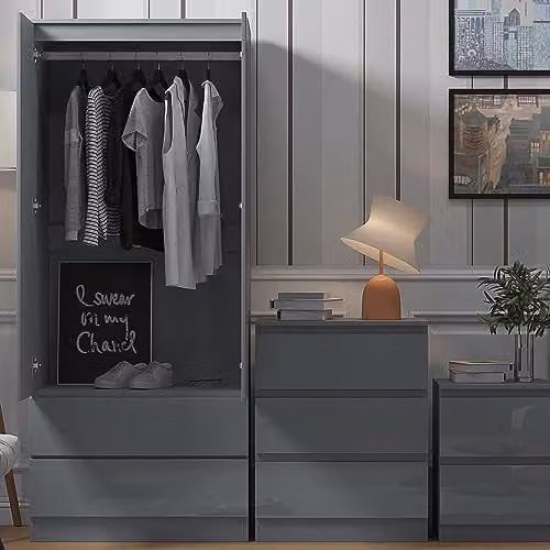 FWStyle Stora Grey Gloss 2 Door 2 Drawer Wardrobe with Soft Close Doors, H 181 cm x W 80 cm x D 50 cm – 3
