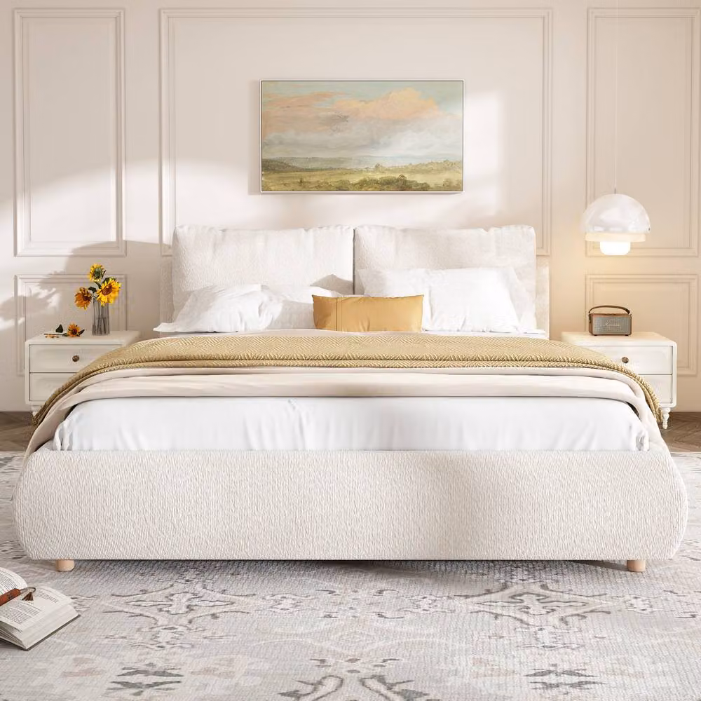 BTM Ottoman Cloud Bed in White Bouclé Fabric with Lift-Up Base and Removable Cushions – 2