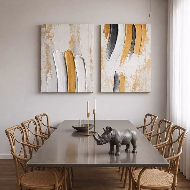 Mafett Set of 2 Abstract Canvas Prints in Gold, White and Black, W: 45.7 cm, H: 61.0 cm