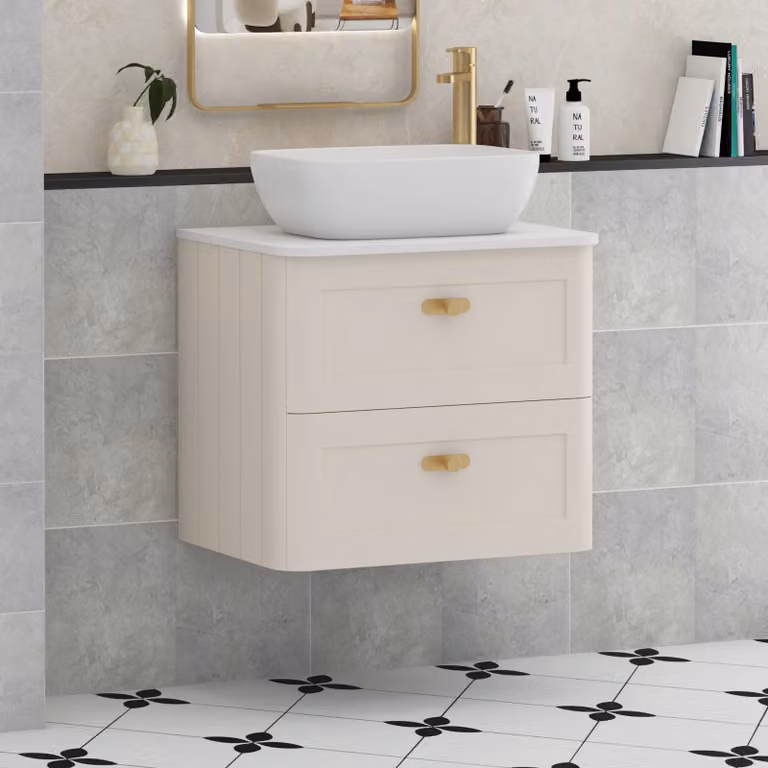Royal Bathrooms Henley 600mm Wall Hung Vanity Unit in Mushroom Cashmere with Elva Basin, Plain White Worktop and Brushed Brass Knob