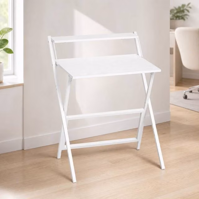 STILVORA White Folding Desk with Shelf and X-Frame Metal Legs – 1