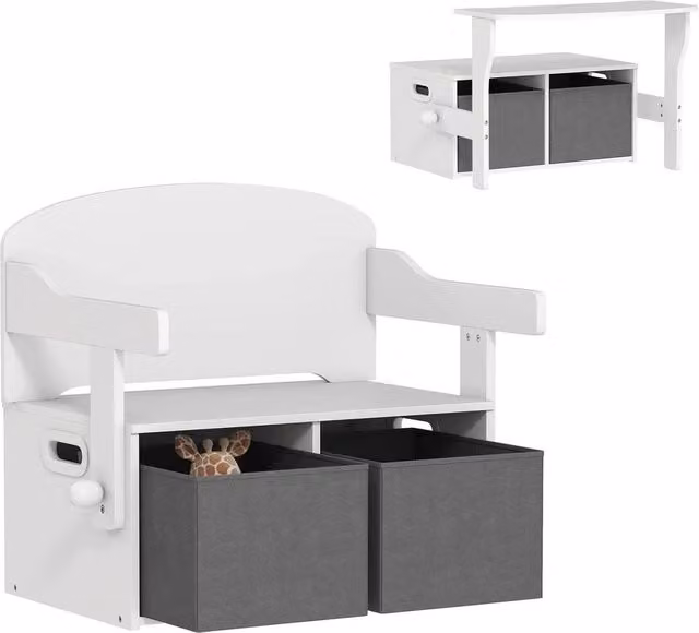 FORGEVIO White Childrens Shoe Rack and Storage Bench with Fabric Seat