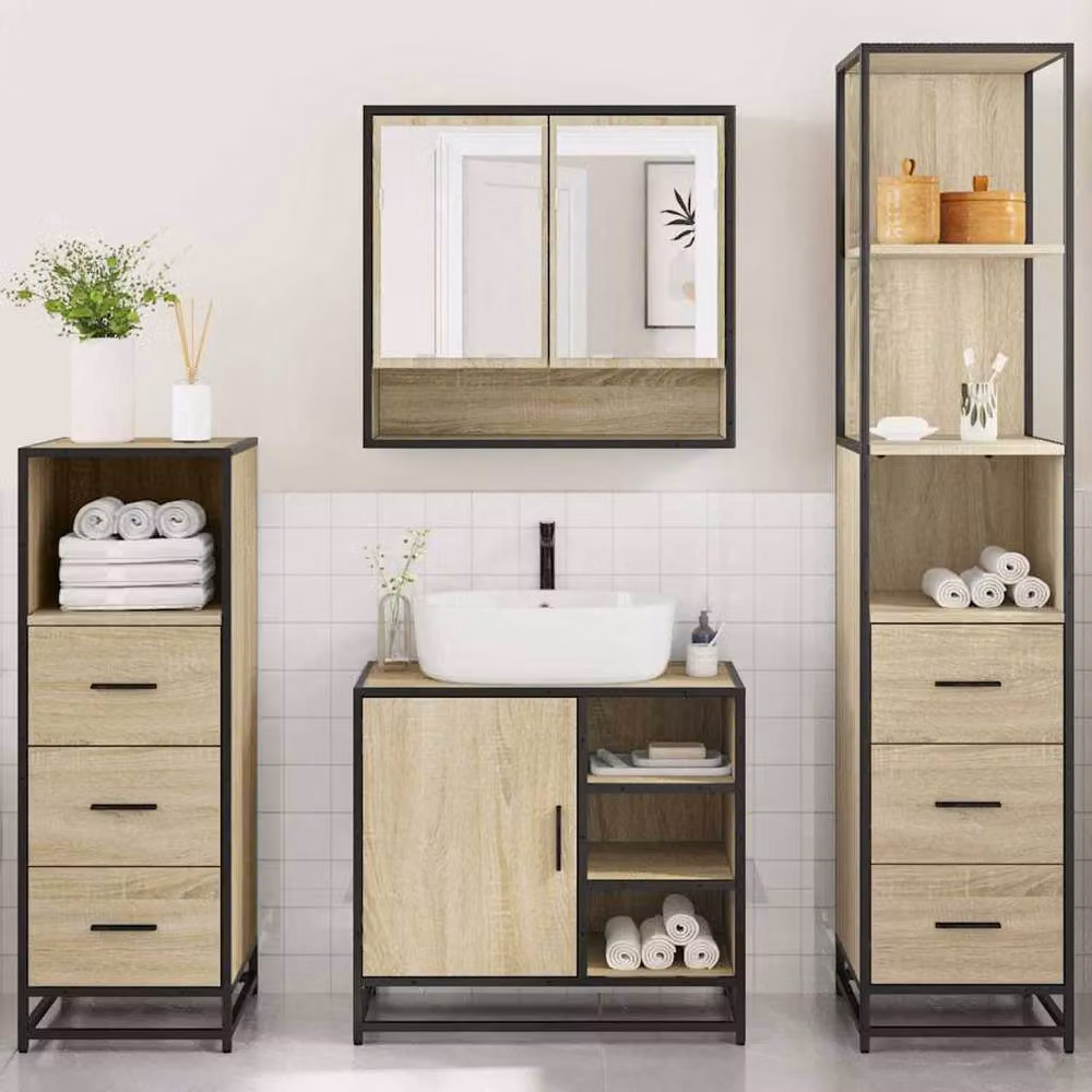 Berkfield Home 4-Piece Sonoma Oak Bathroom Furniture Set with Vanity Unit and Mirror Cabinet – 3