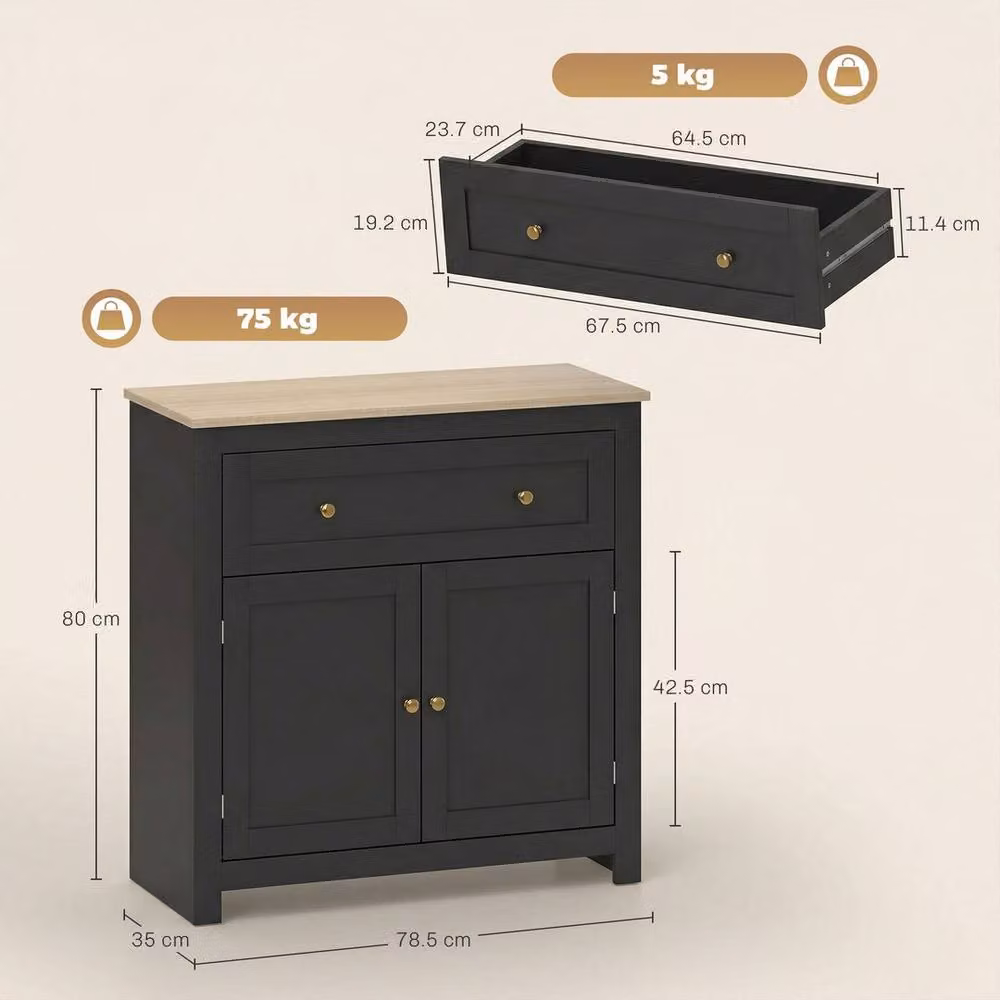 Kelvenix Black Sideboard Storage Cabinet with Adjustable Shelf and Drawer, W/D/H: 80 x 35 x 78.5 cm – 2