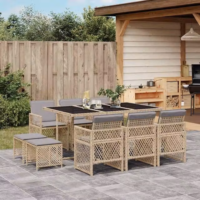 Berkfield Home 11 Piece Garden Dining Set with Beige Poly Rattan Cushions