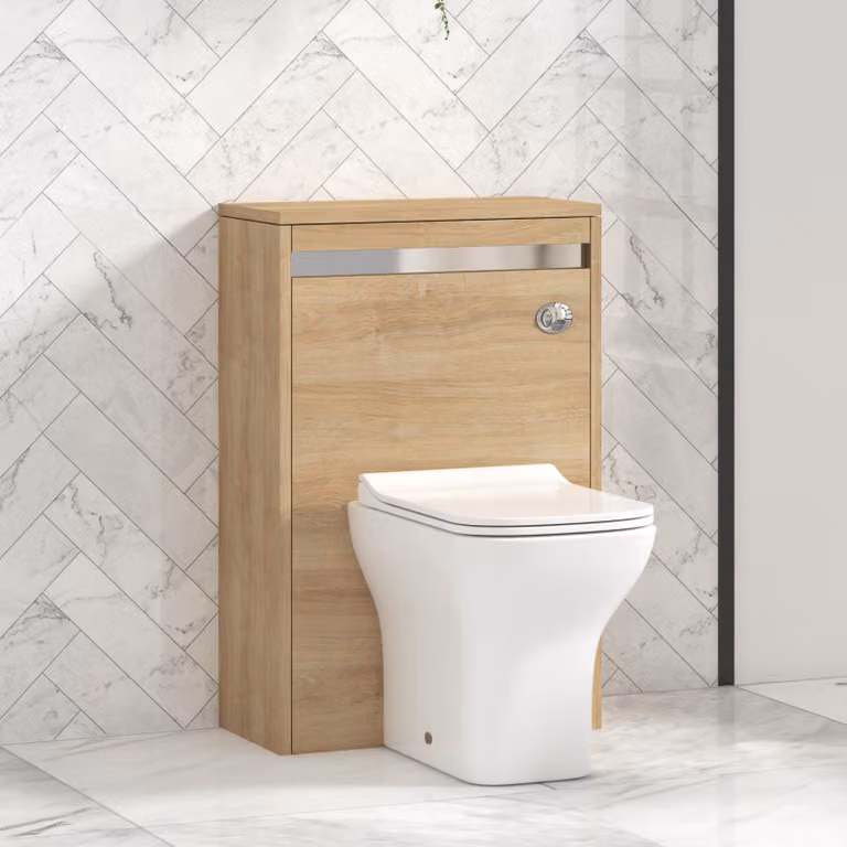 Orion Natural Oak Wall Mounted WC Unit with Qubix Ceramic Rimless Toilet Pan, Slim Soft Close Seat and Cistern, Chrome Accent Trim, Width: 54 cm