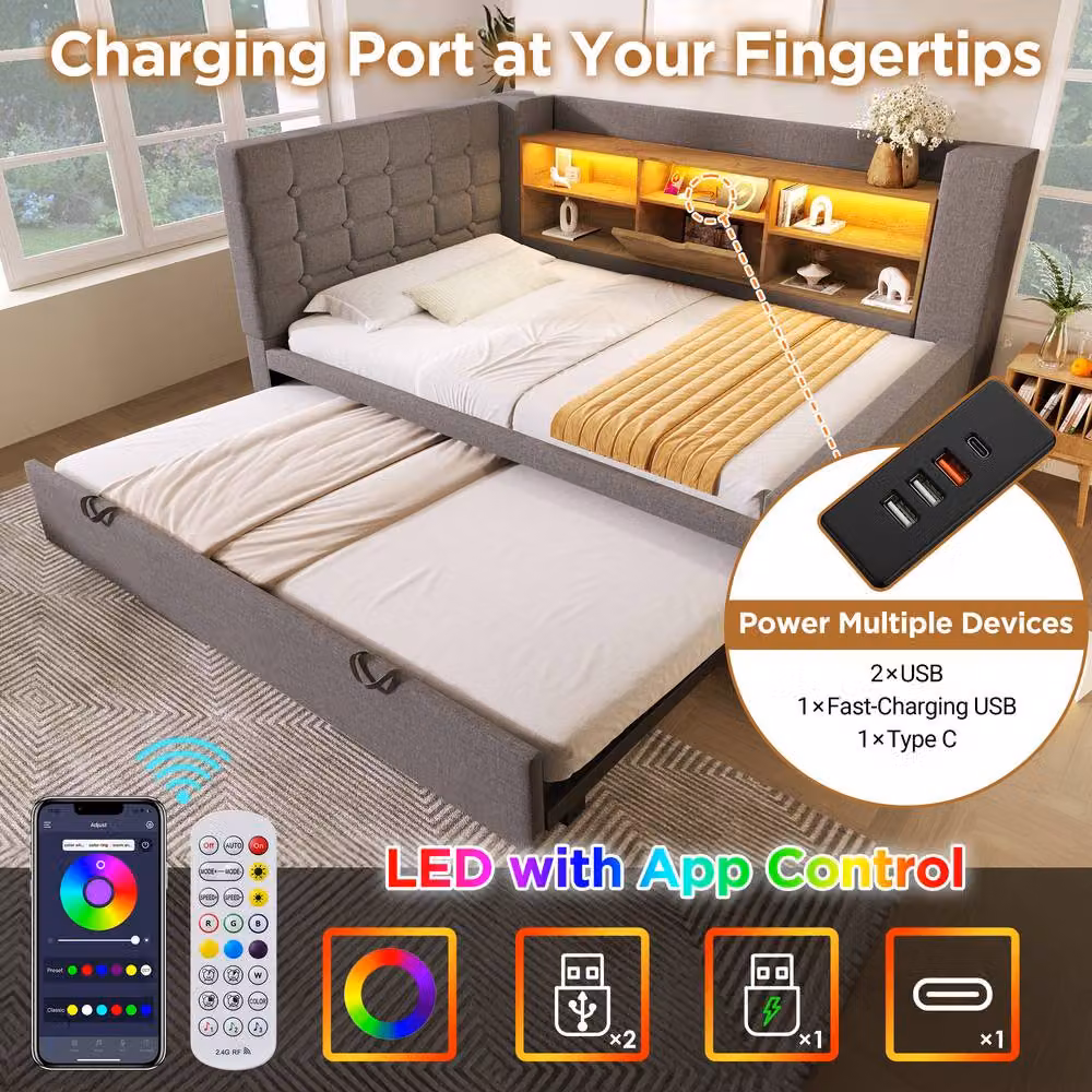 Matteo Grey Linen 3FT Single Daybed with Trundle, Storage, USB Charging Port and Under-bed Lighting, W: 90 cm, D: 190 cm – 3