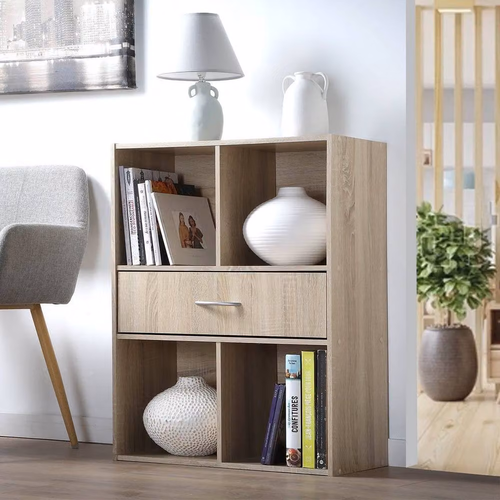 CALICOSY 4-Compartment Storage Shelf with Drawer, Brown, W: 62.0 cm, D: 29.5 cm, H: 80.0 cm – 2