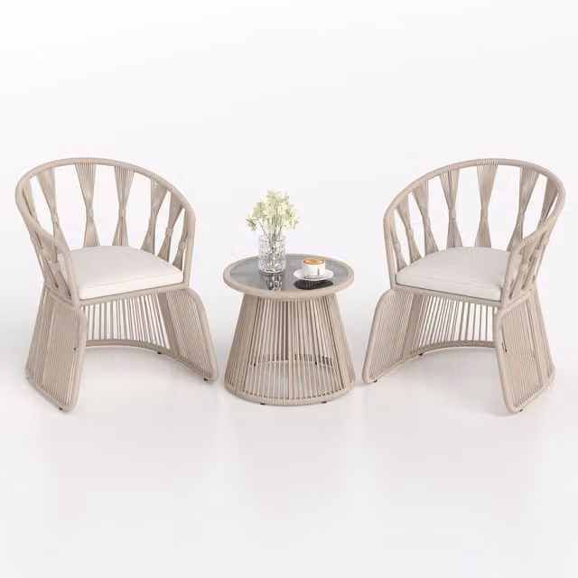 Costway 3 Piece Modern White and Beige Rattan Patio Leisure Chair Set with Metal Frame