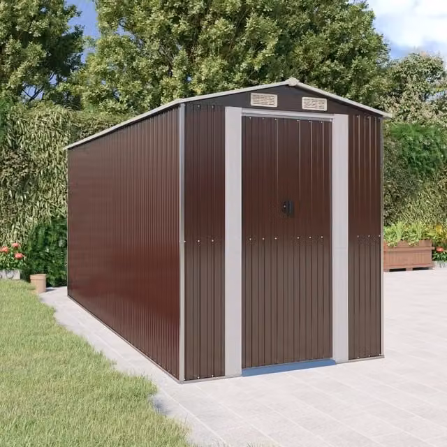 Berkfield Home Dark Brown Galvanised Steel Garden Shed with Sliding Gable Doors W/D/H: 192 x 440 x 223 cm