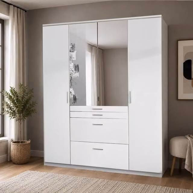 Aachen Matt White 4 Door 180cm Wardrobe with Mirror