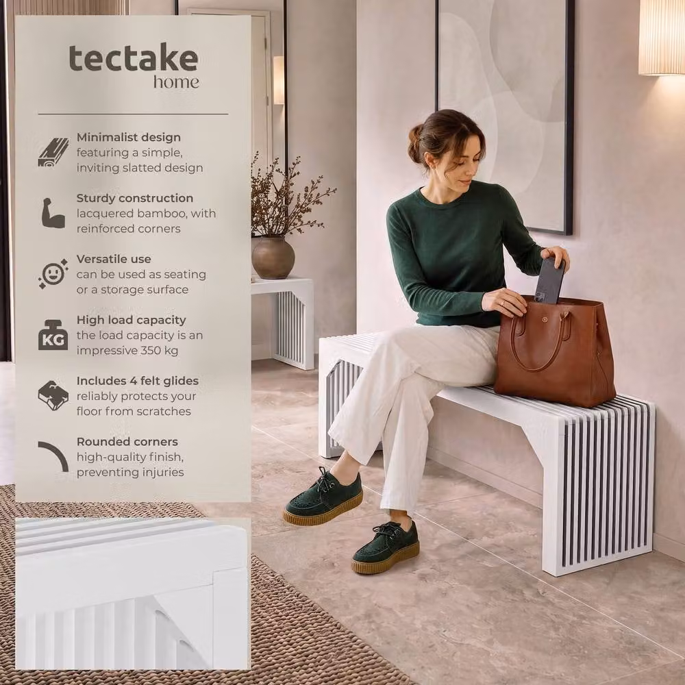 tectake Ribb XL Slatted Stool or Bench in White Lacquered Bamboo with 350 kg Weight Capacity – 2