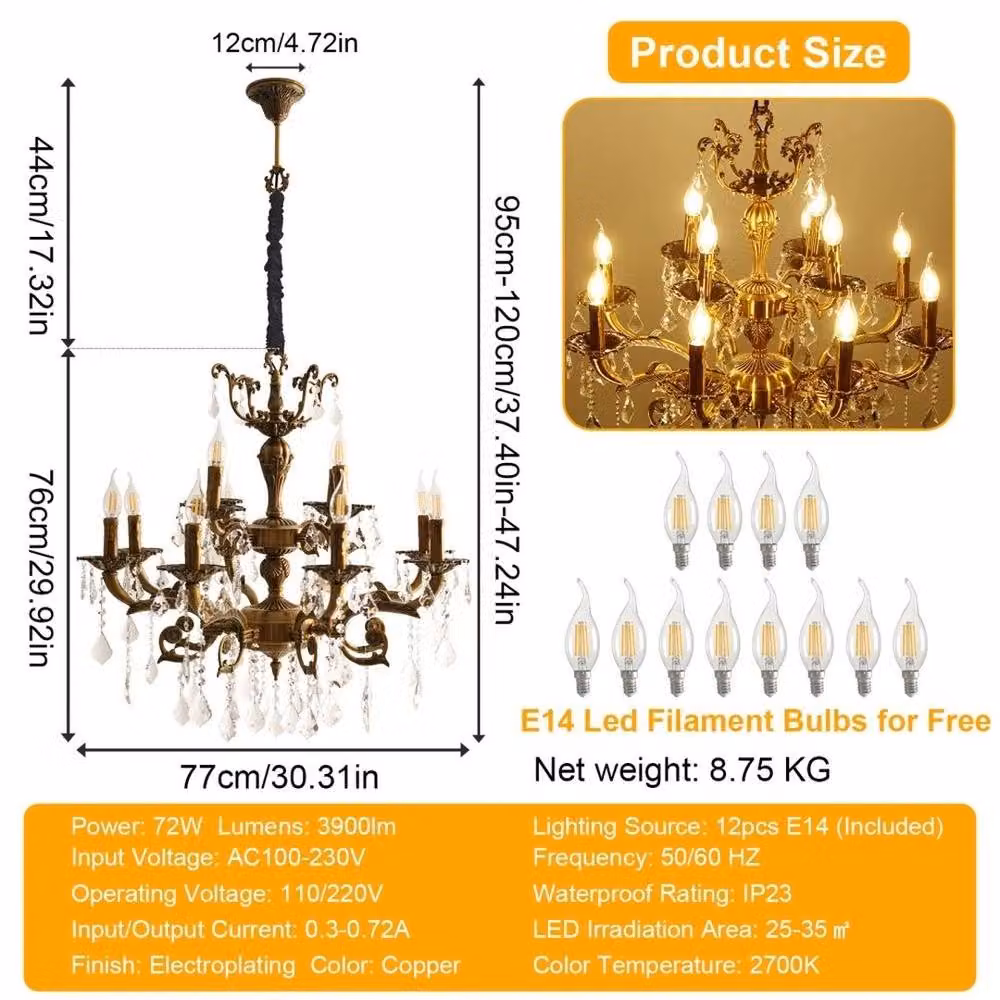 PAWNORA Large 12-Light Suspended Ceiling Pendant Light in Gold and Brass with Crystal Details – 2